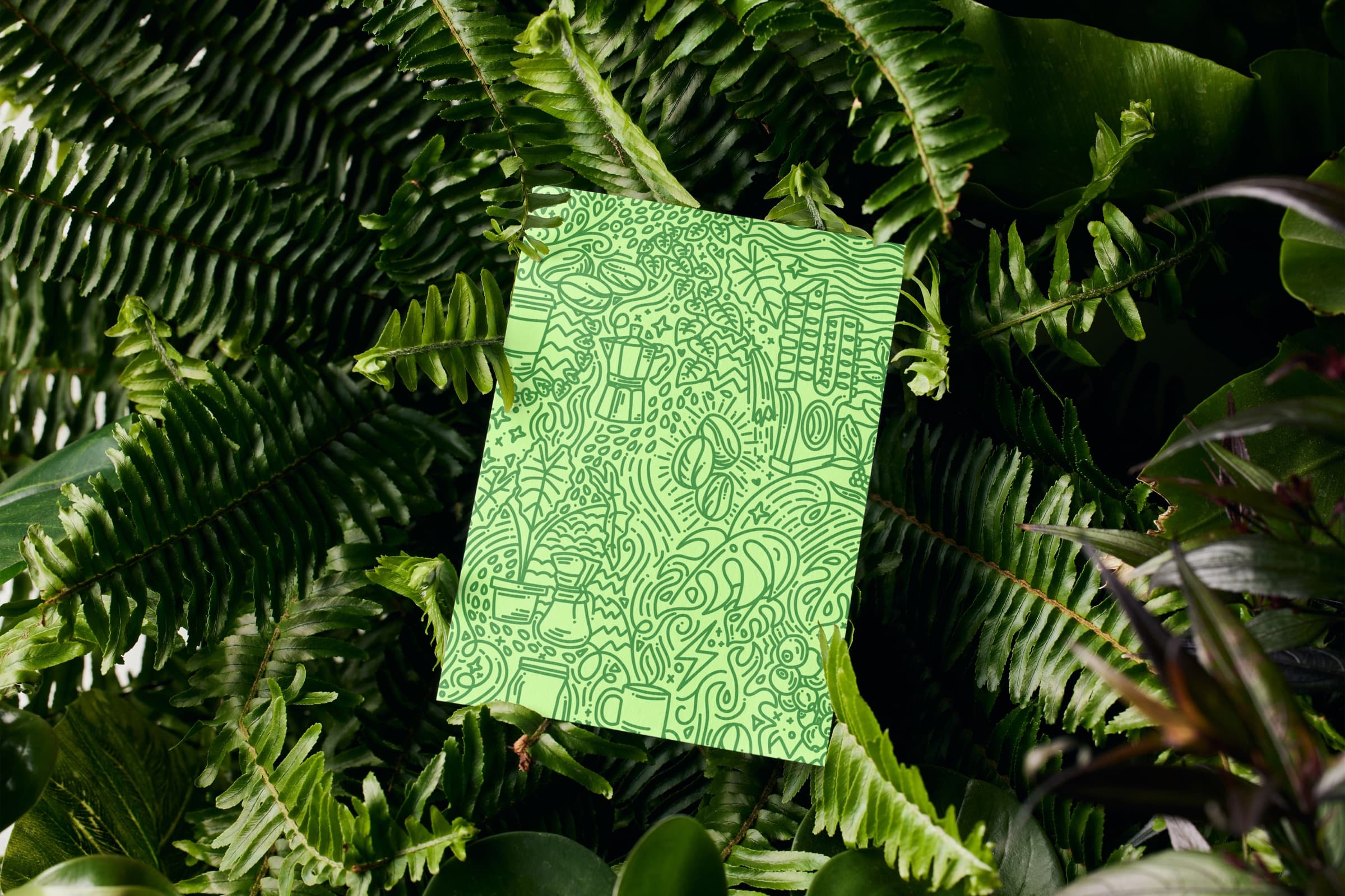 Green Verde pattern card nestled in tropical ferns